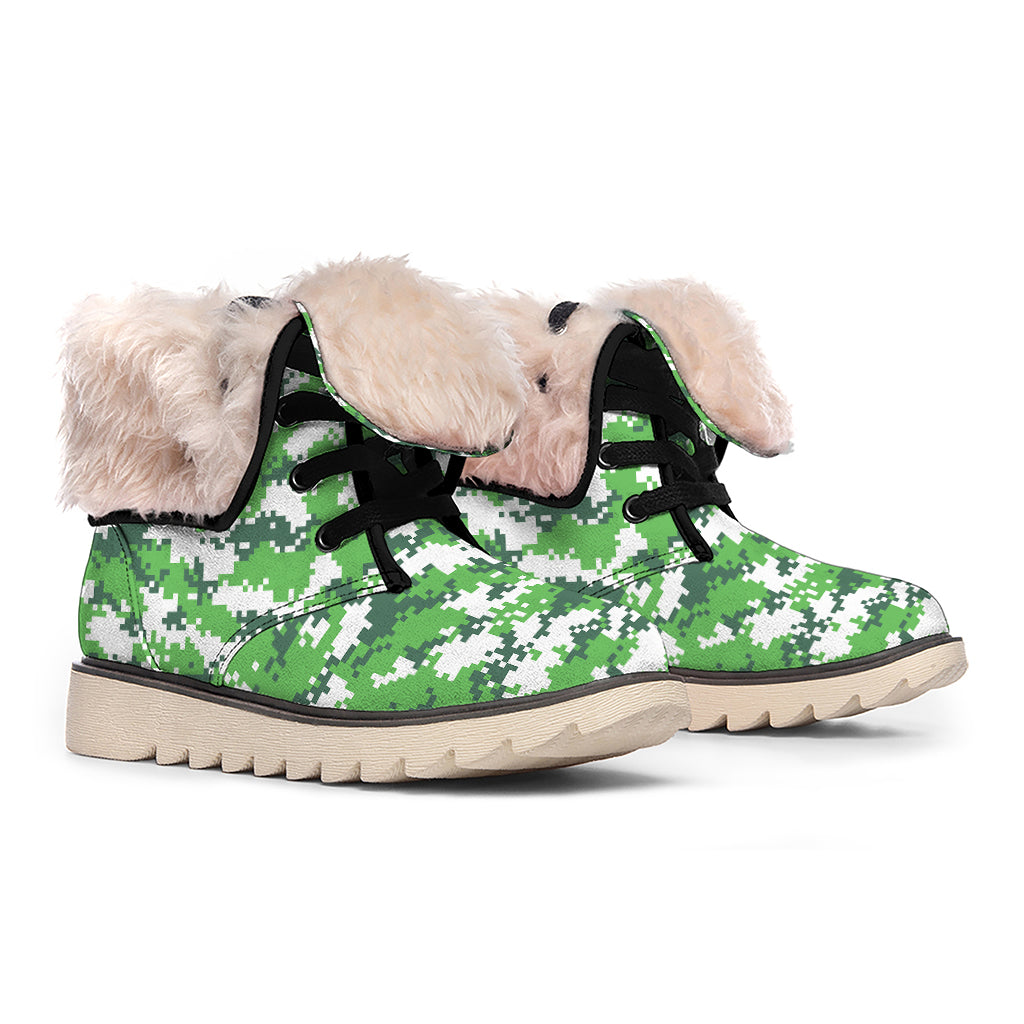 Green And White Digital Camo Print Winter Boots