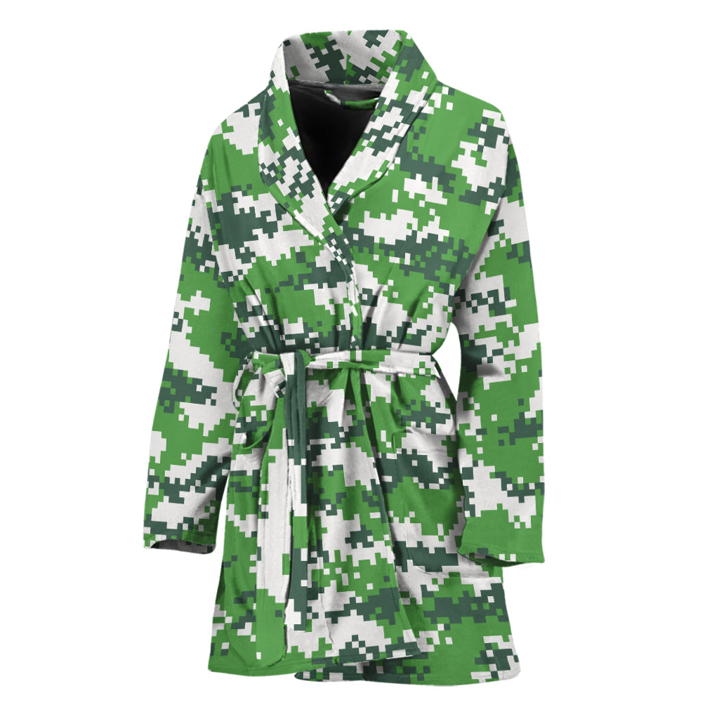 Green And White Digital Camo Print Women's Bathrobe