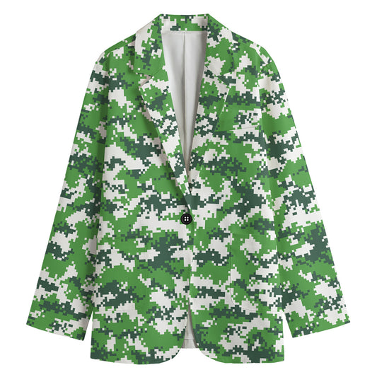 Green And White Digital Camo Print Women's Blazer
