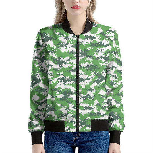 Green And White Digital Camo Print Women's Bomber Jacket