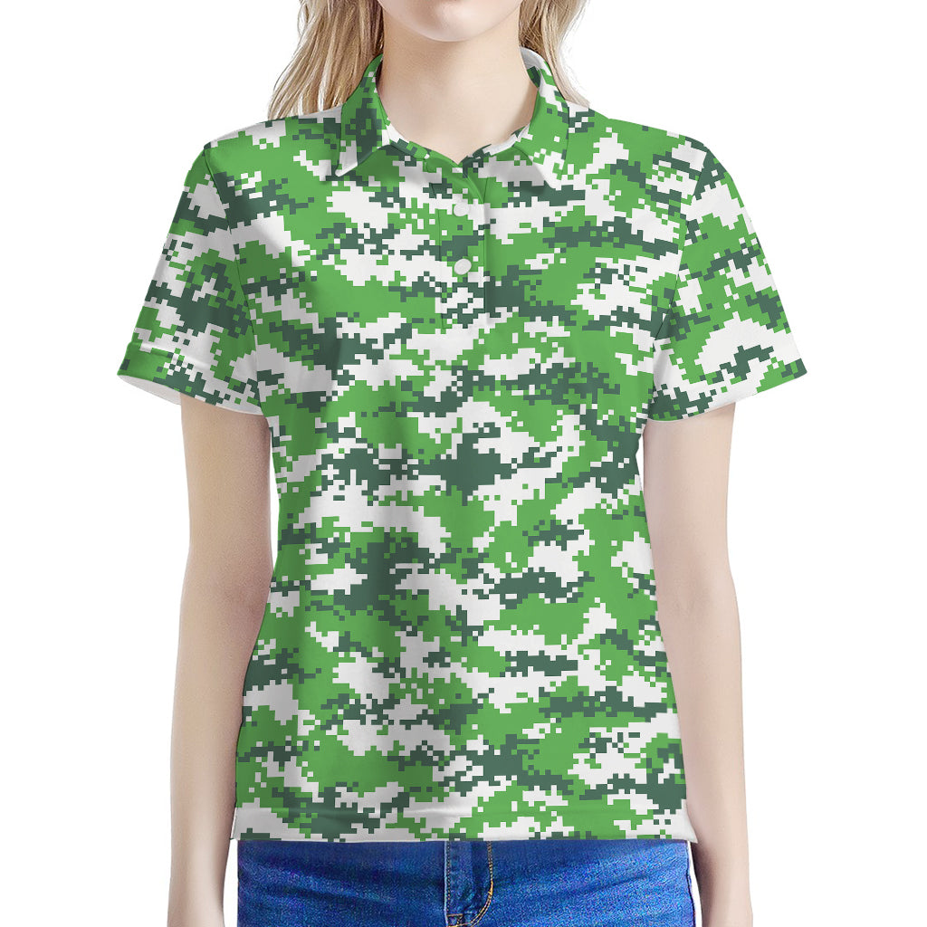 Green And White Digital Camo Print Women's Polo Shirt