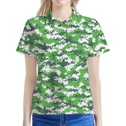 Green And White Digital Camo Print Women's Polo Shirt