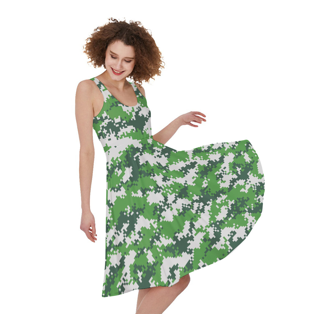 Green And White Digital Camo Print Women's Sleeveless Dress