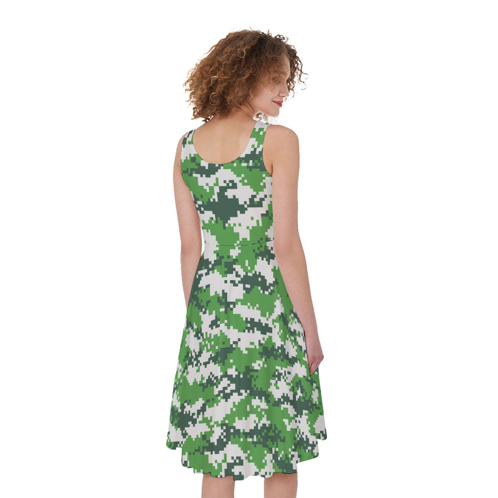 Green And White Digital Camo Print Women's Sleeveless Dress