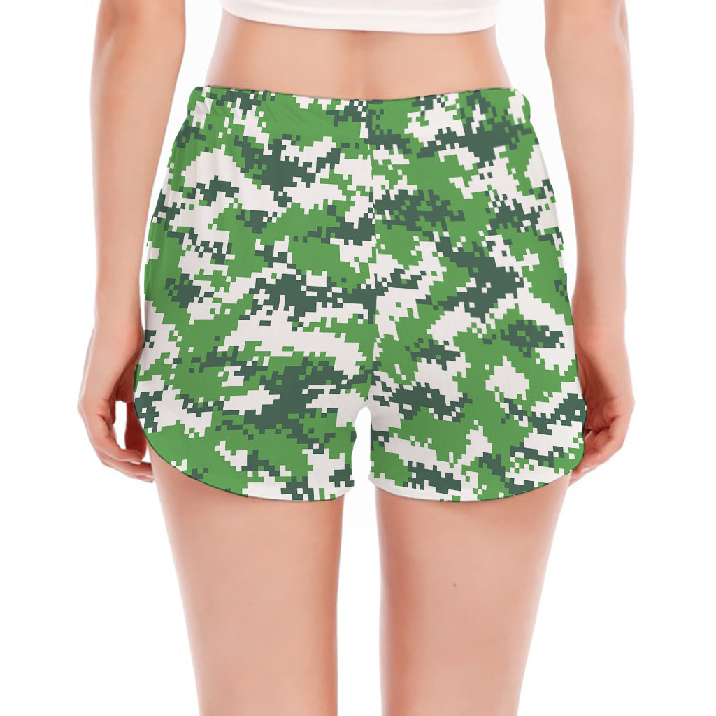 Green And White Digital Camo Print Women's Split Running Shorts