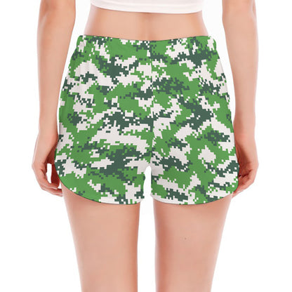 Green And White Digital Camo Print Women's Split Running Shorts