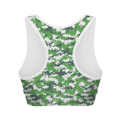 Green And White Digital Camo Print Women's Sports Bra