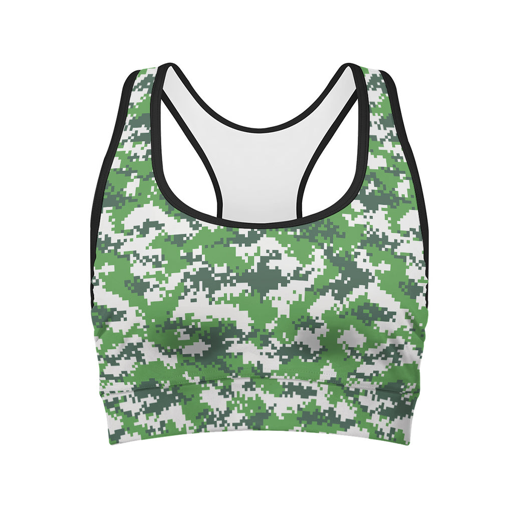 Green And White Digital Camo Print Women's Sports Bra