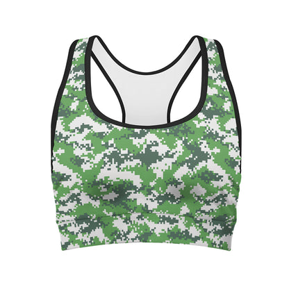 Green And White Digital Camo Print Women's Sports Bra