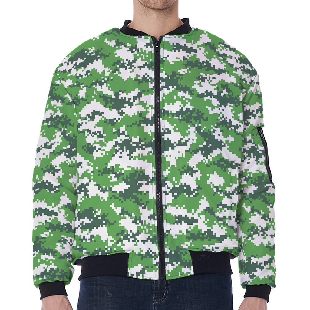Green And White Digital Camo Print Zip Sleeve Bomber Jacket