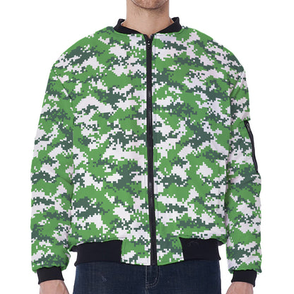 Green And White Digital Camo Print Zip Sleeve Bomber Jacket