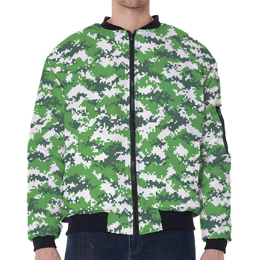 Green And White Digital Camo Print Zip Sleeve Bomber Jacket