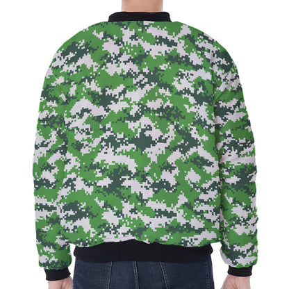 Green And White Digital Camo Print Zip Sleeve Bomber Jacket