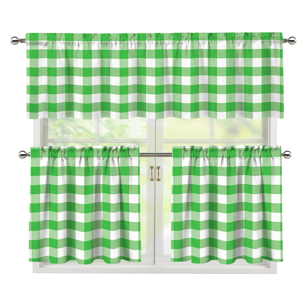 Green And White Gingham Pattern Print 3 Piece Kitchen Curtains