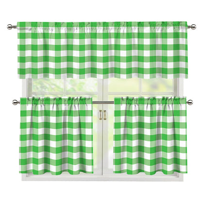 Green And White Gingham Pattern Print 3 Piece Kitchen Curtains