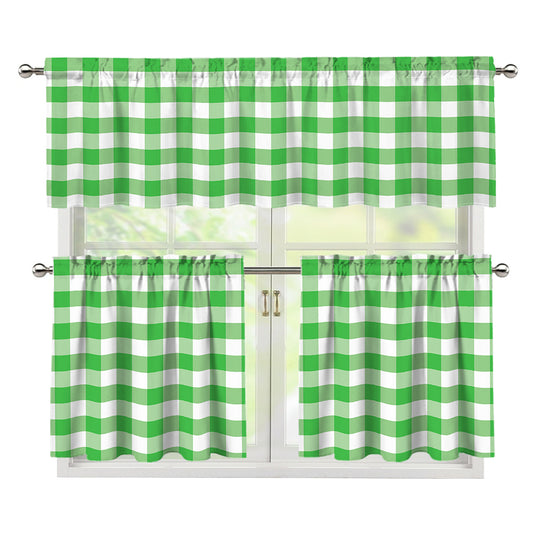 Green And White Gingham Pattern Print 3 Piece Kitchen Curtains