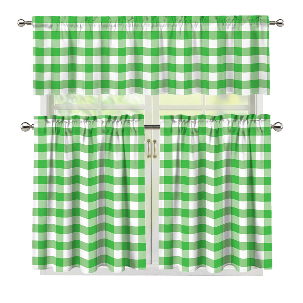 Green And White Gingham Pattern Print 3 Piece Kitchen Curtains