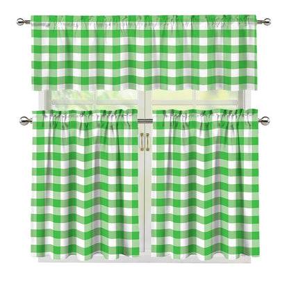 Green And White Gingham Pattern Print 3 Piece Kitchen Curtains