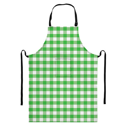 Green And White Gingham Pattern Print Bib Apron With Pocket