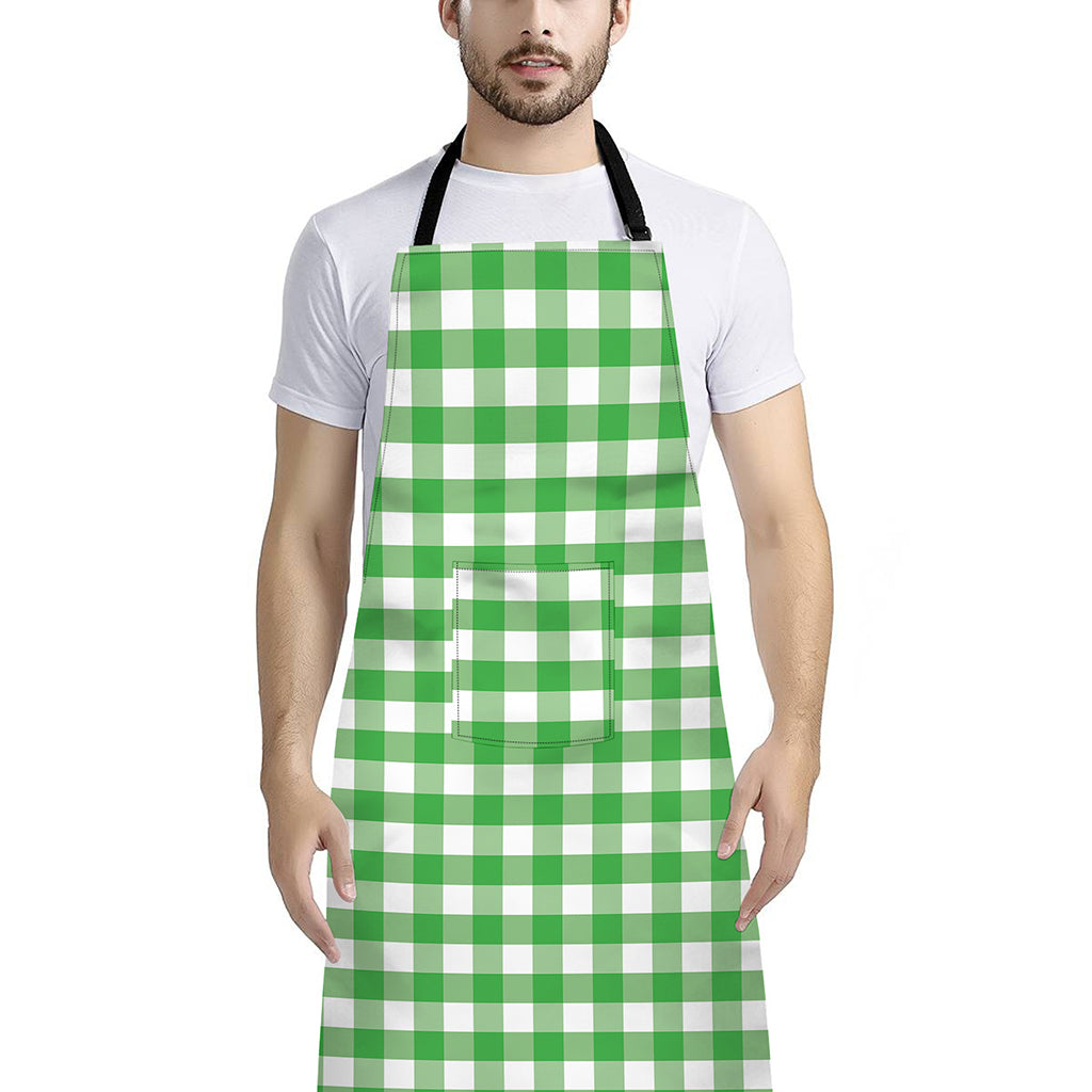 Green And White Gingham Pattern Print Bib Apron With Pocket