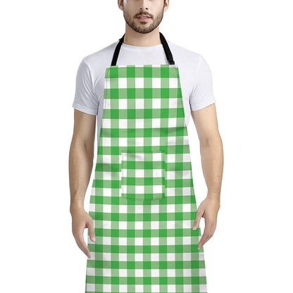 Green And White Gingham Pattern Print Bib Apron With Pocket