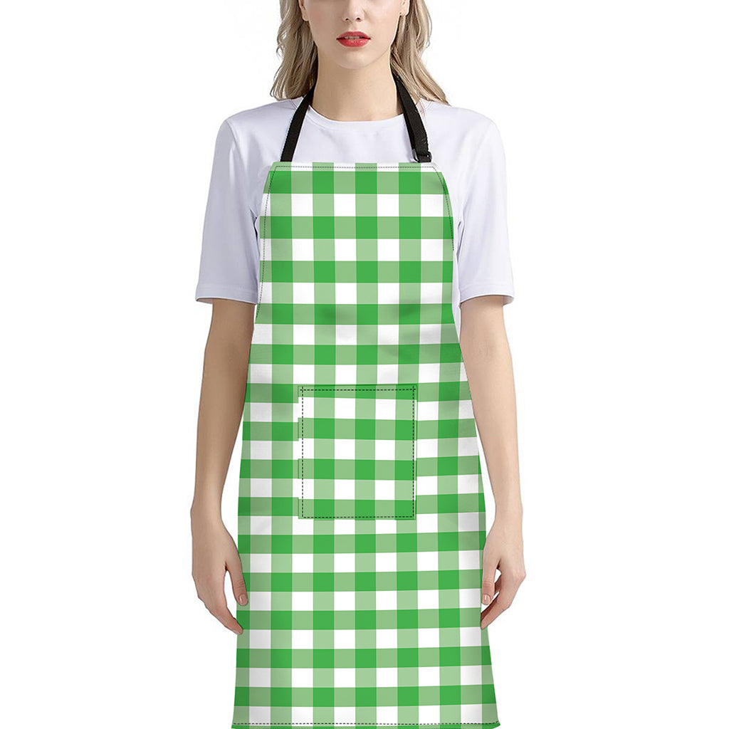 Green And White Gingham Pattern Print Bib Apron With Pocket