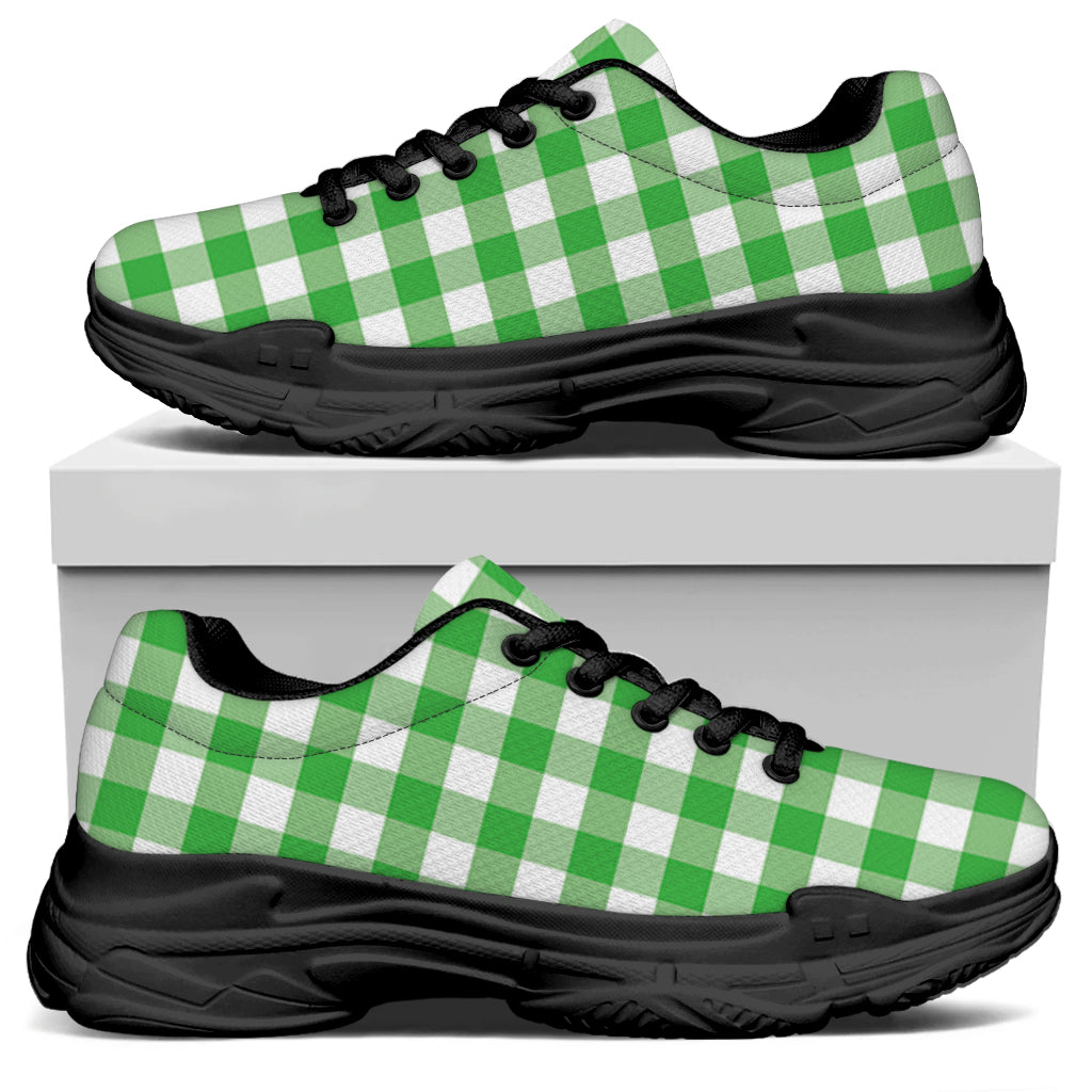 Green And White Gingham Pattern Print Black Chunky Shoes