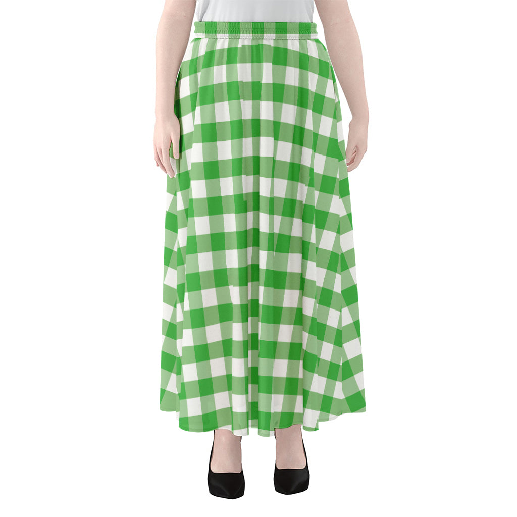 Green And White Gingham Pattern Print Chiffon Maxi Skirt