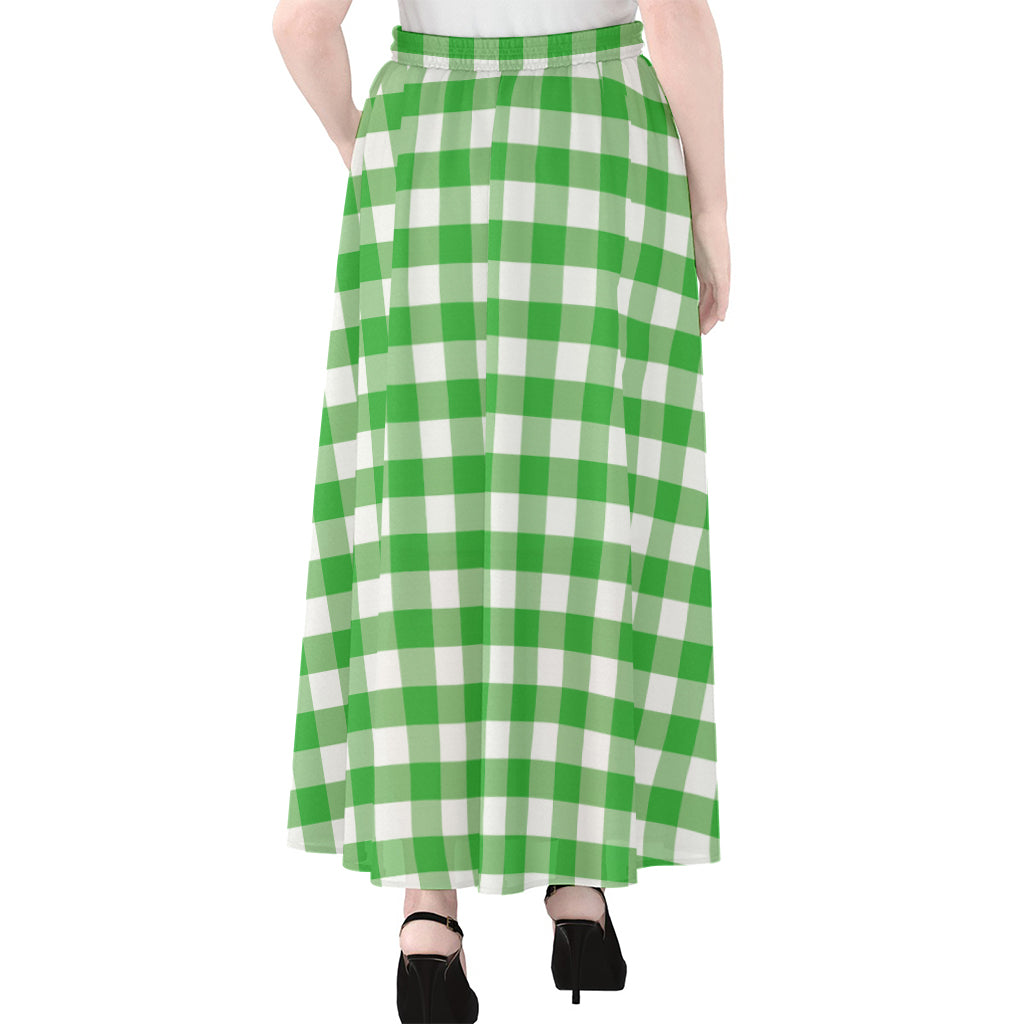 Green And White Gingham Pattern Print Chiffon Maxi Skirt