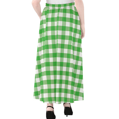 Green And White Gingham Pattern Print Chiffon Maxi Skirt