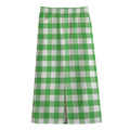 Green And White Gingham Pattern Print Cotton Front Slit Maxi Skirt