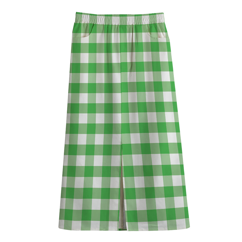 Green And White Gingham Pattern Print Cotton Front Slit Maxi Skirt