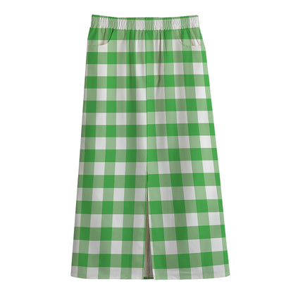 Green And White Gingham Pattern Print Cotton Front Slit Maxi Skirt