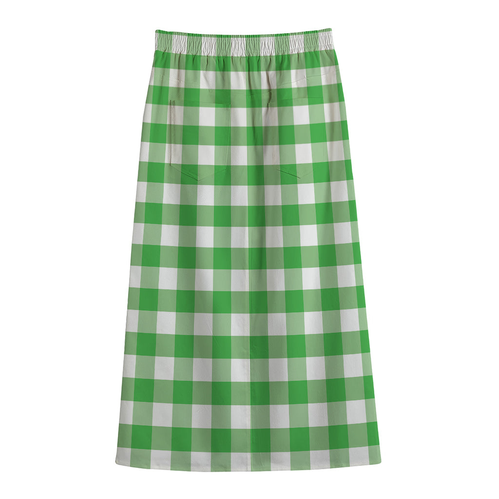 Green And White Gingham Pattern Print Cotton Front Slit Maxi Skirt