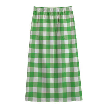 Green And White Gingham Pattern Print Cotton Front Slit Maxi Skirt