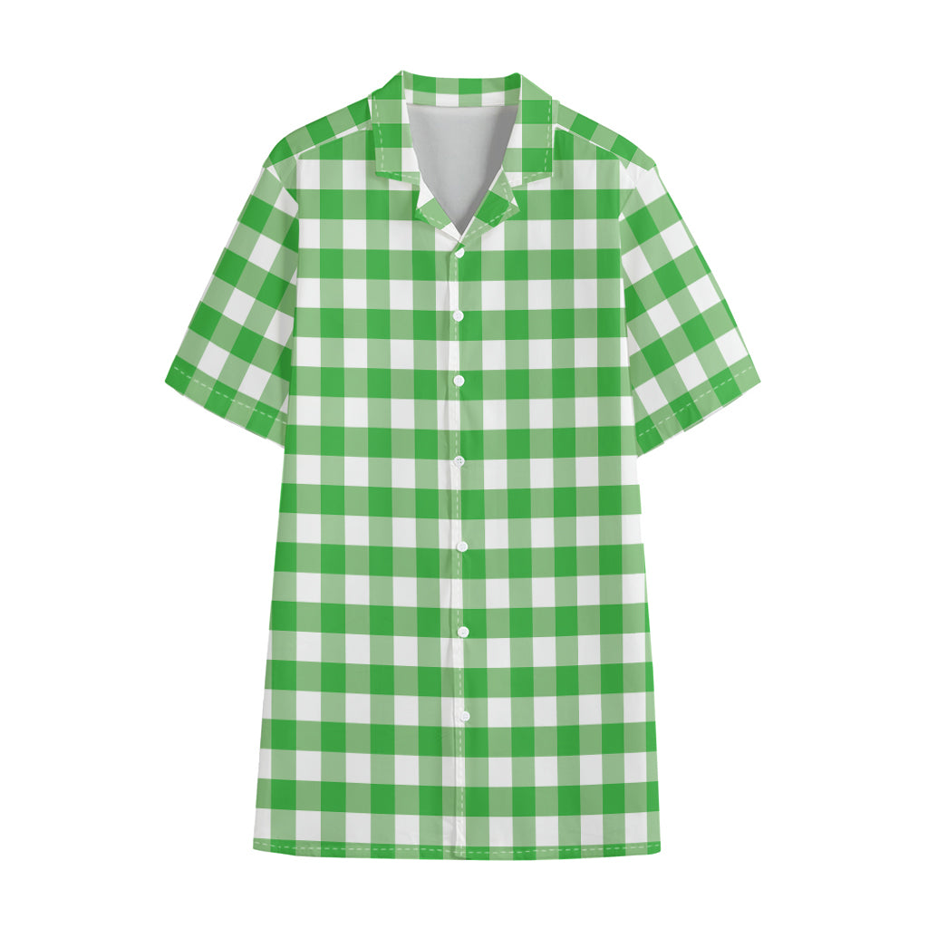 Green And White Gingham Pattern Print Cotton Hawaiian Shirt