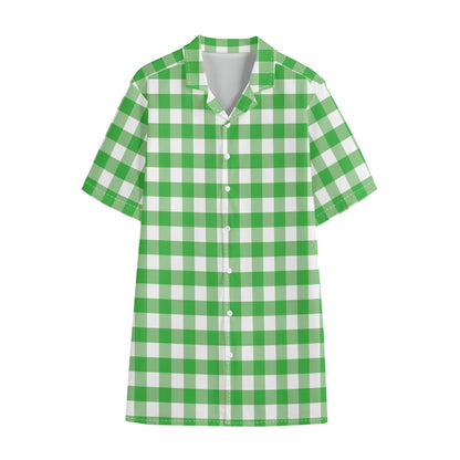 Green And White Gingham Pattern Print Cotton Hawaiian Shirt