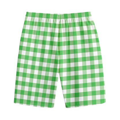 Green And White Gingham Pattern Print Cotton Shorts
