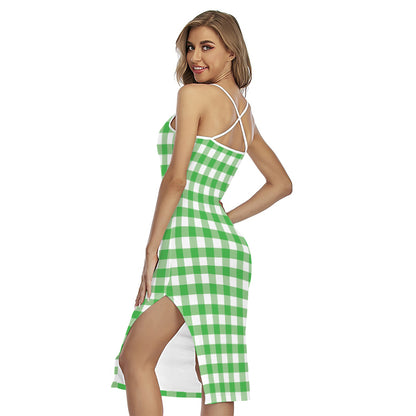 Green And White Gingham Pattern Print Cross Back Cami Dress