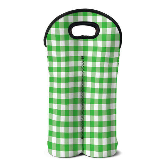 Green And White Gingham Pattern Print Double Neoprene Wine Tote