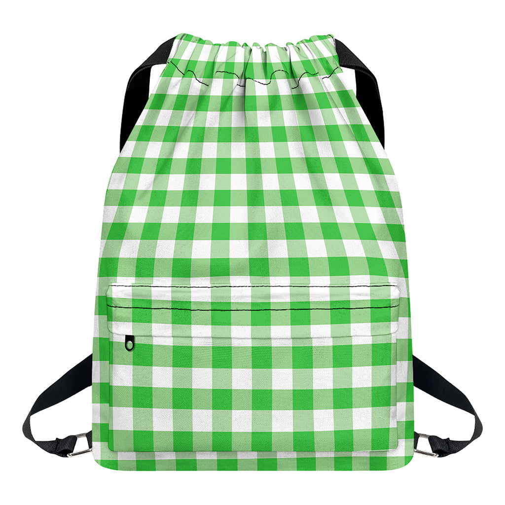 Green And White Gingham Pattern Print Drawstring Backpack