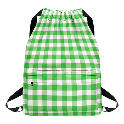 Green And White Gingham Pattern Print Drawstring Backpack