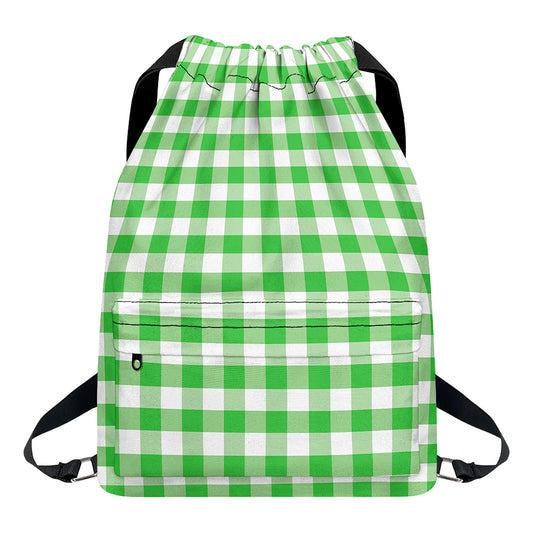 Green And White Gingham Pattern Print Drawstring Backpack