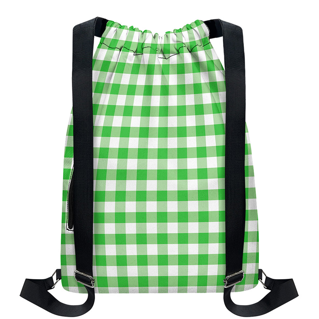 Green And White Gingham Pattern Print Drawstring Backpack