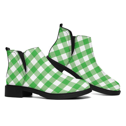 Green And White Gingham Pattern Print Flat Ankle Boots