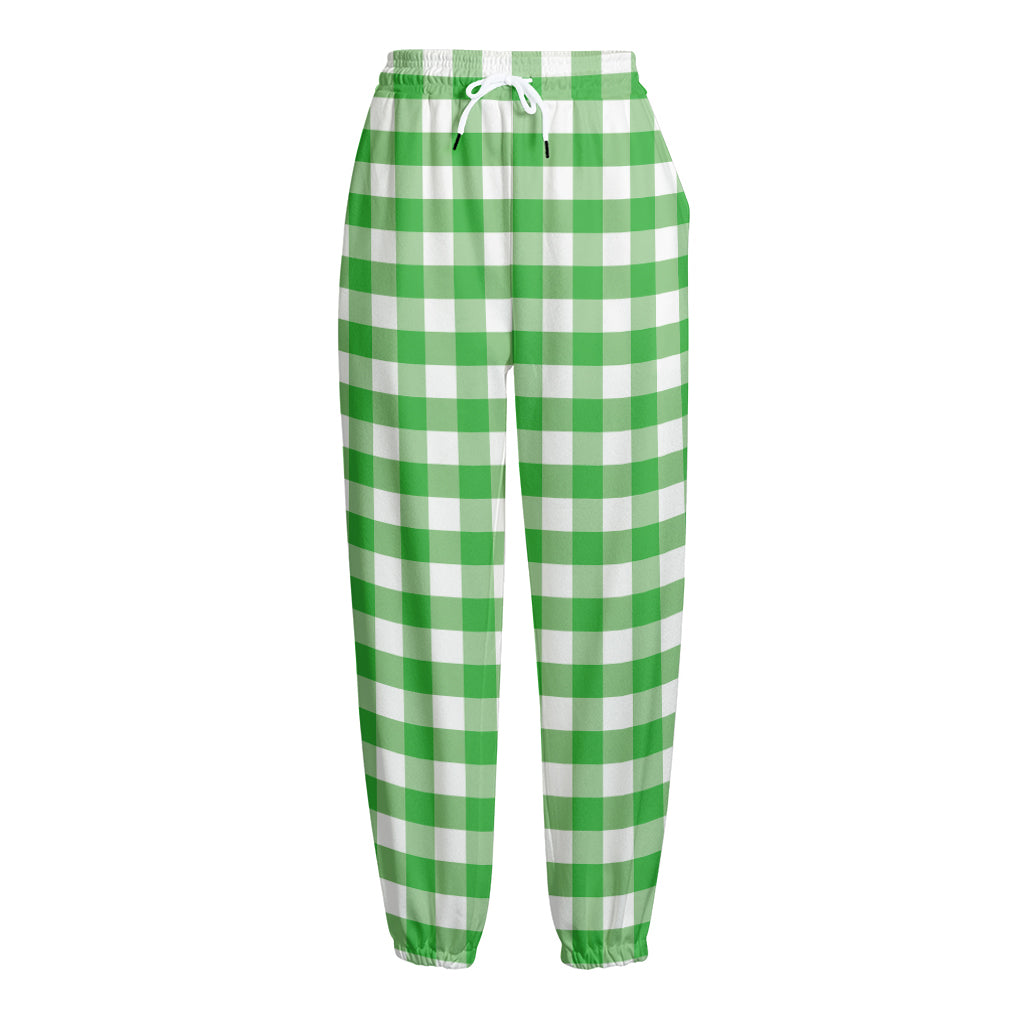Green And White Gingham Pattern Print Fleece Lined Knit Pants