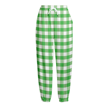 Green And White Gingham Pattern Print Fleece Lined Knit Pants