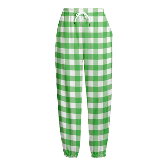 Green And White Gingham Pattern Print Fleece Lined Knit Pants