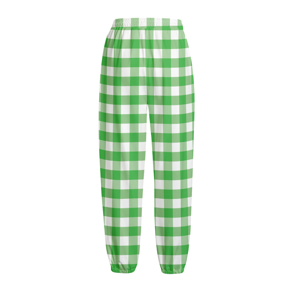 Green And White Gingham Pattern Print Fleece Lined Knit Pants