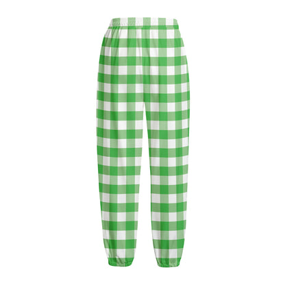 Green And White Gingham Pattern Print Fleece Lined Knit Pants